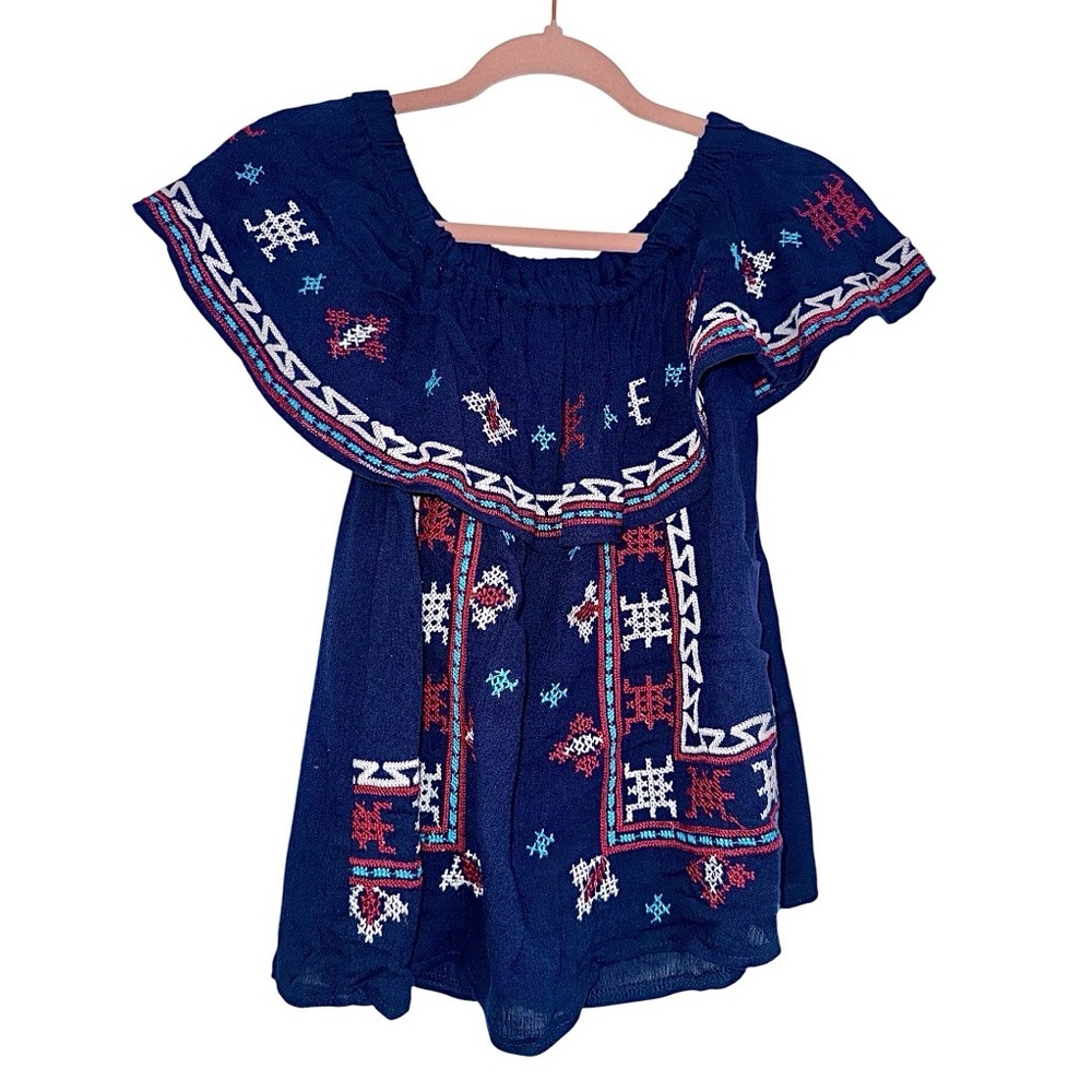 Gorgeous, Bohemian, Navy, Ruffle Off/On Shoulder Blouse With RWB Embroidery